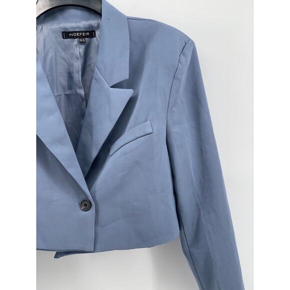 INDEFEIR Women's Blue Single Button Notch Collar Long Sleeve Cropped Top SZ XS - Picture 5 of 11
